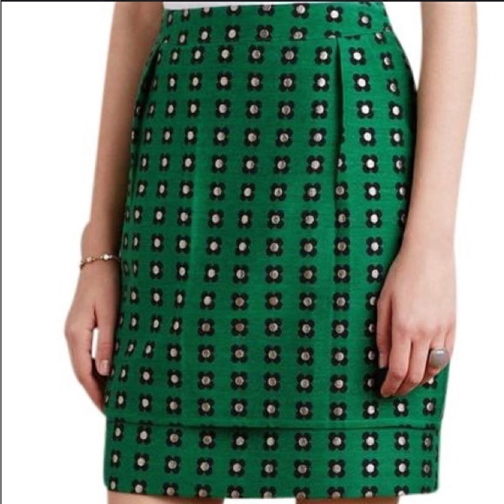 Anthropologie Green Mini Skirt with Black and White Pattern